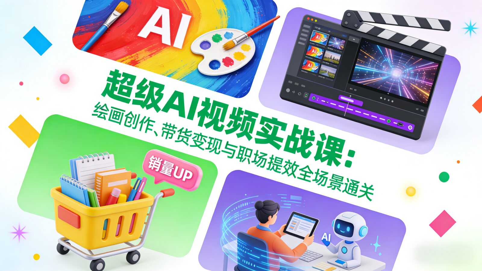 超级AI视频通关课程封面图，涵盖AI绘画、短视频制作、电商带货与职场办公全场景实战教学