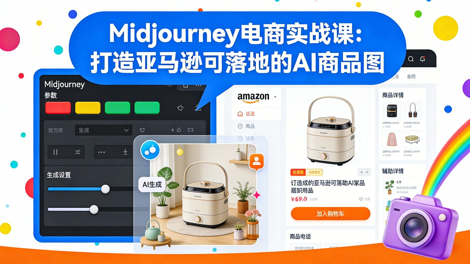 Midjourney Ecommerce Image Creation Practical Training Cover Midjourney电商实战课程封面图,展示AI生成亚马逊商品主图、服装图、换脸效果、材质光影模拟及AI与实拍图结合的完整教学内容。
