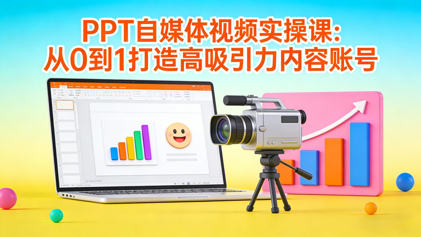 Learn how to create engaging social media videos using PowerPoint from scratch PPT自媒体视频制作课程封面图,展示从零基础到完整输出的PPT视频制作与账号运营教学内容