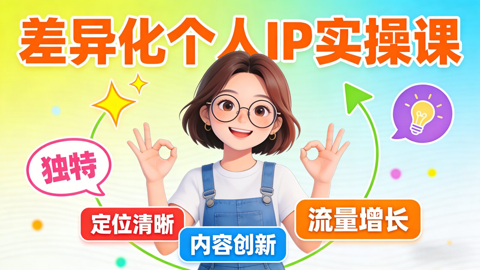 差异化个人IP打造实操课程封面图，展示账号定位、人设搭建、平台算法理解、短视频脚本与标题写作及流量变现方法的完整课程大纲。