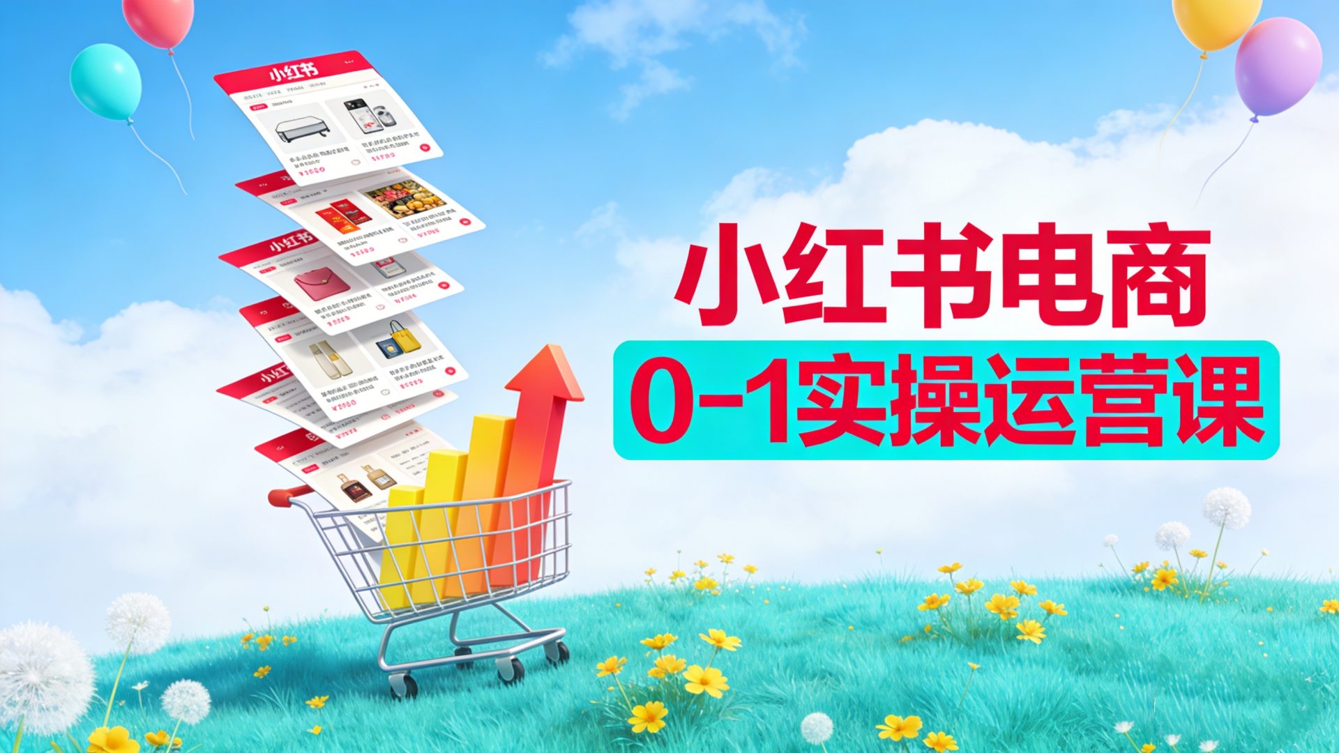 小红书电商0到1实操运营课程封面图，包含开店流程、选品方法、内容创作与爆款带货教学