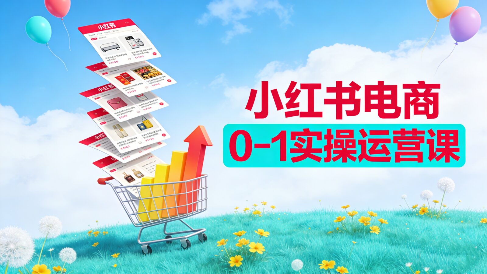 Learn step-by-step Xiaohongshu e-commerce operations from store setup to traffic and sales growth 小红书电商0到1实操运营课程封面图,包含开店流程、选品方法、内容创作与爆款带货教学