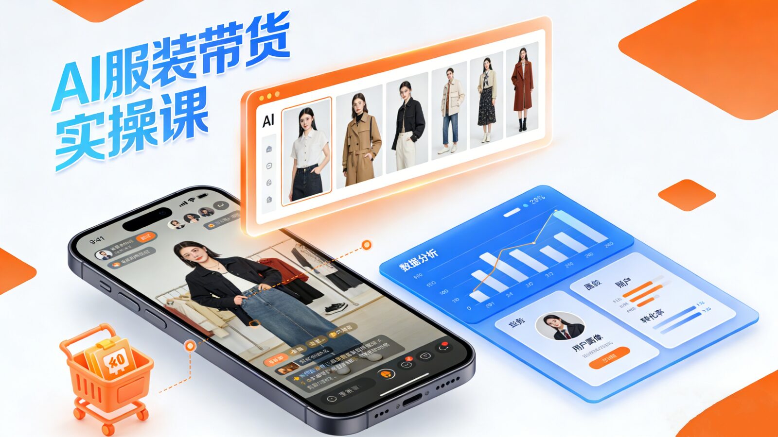 AI助力服装带货课程目录截图，涵盖AI图文生成、虚拟模特、视频合成与抖音带货实操流程