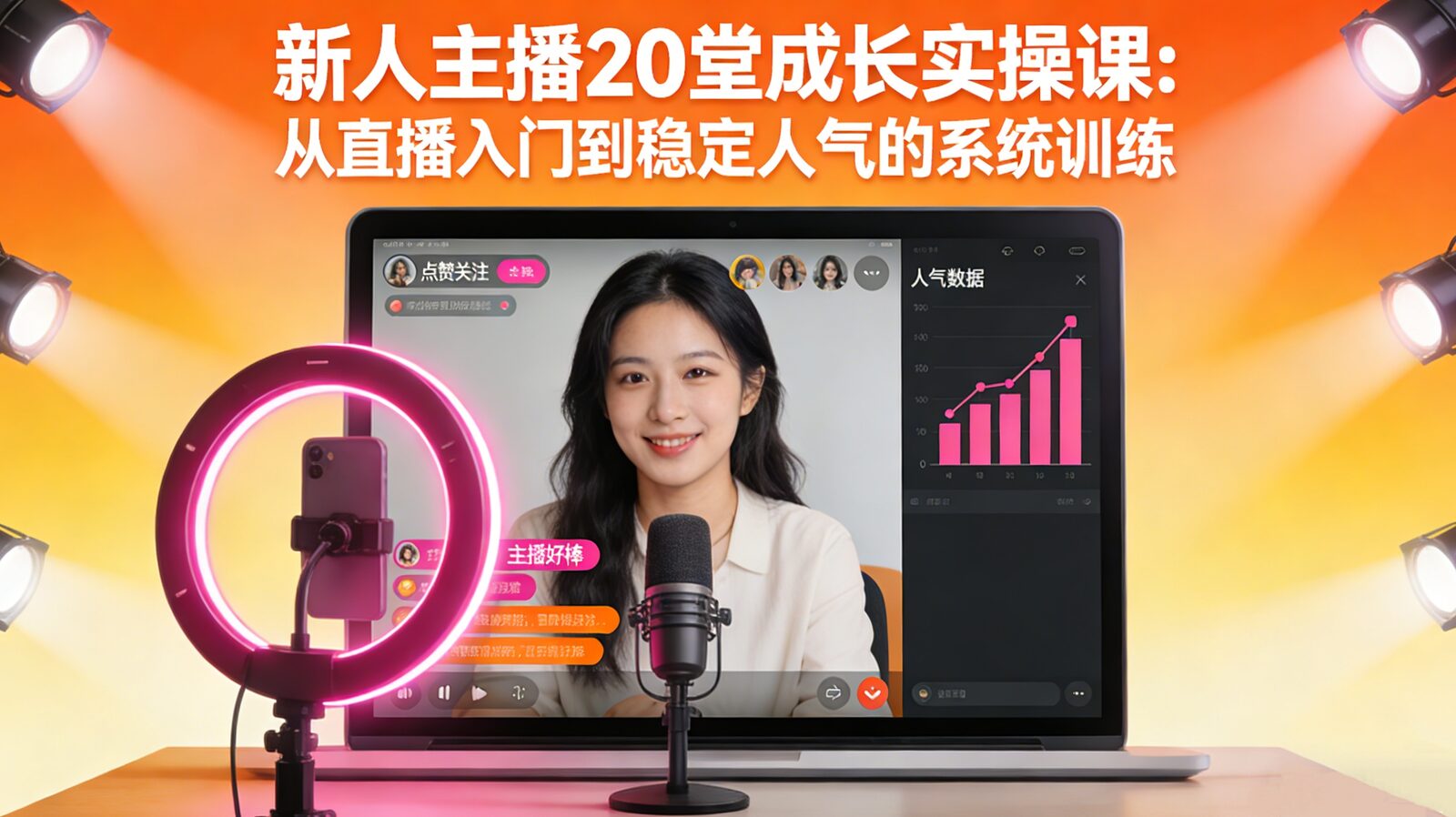 Beginner live streaming training course covering interaction, talk skills and audience growth 新人主播必学的20堂直播实操课程目录截图,涵盖直播技巧、互动话术与人气提升方法