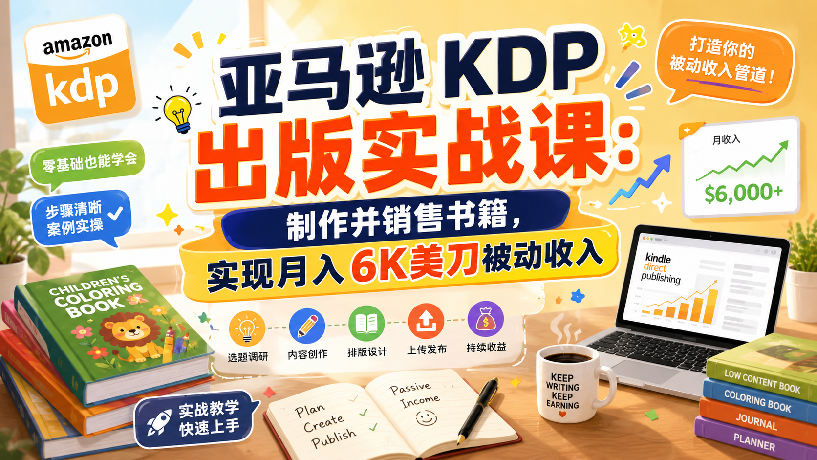 亚马逊KDP出版实战课程封面，涵盖选题、制作、上架、定价与广告推广