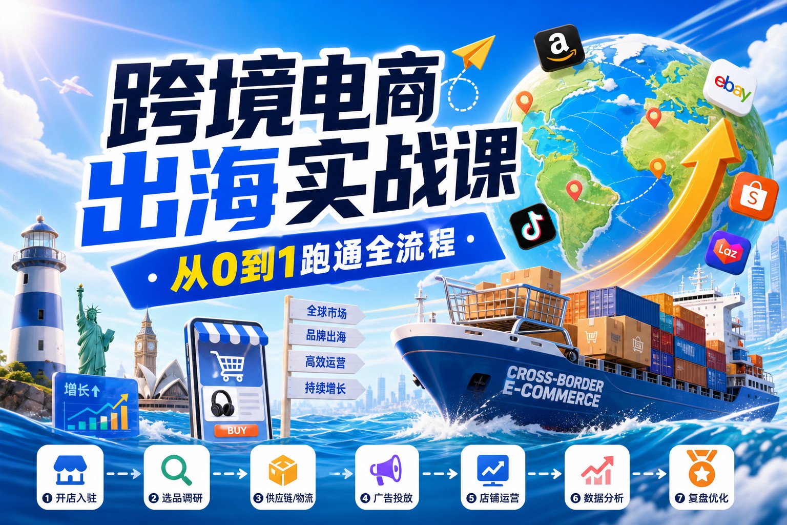 跨境电商出海实战课封面，涵盖从0到1开店、选品、物流、收款到广告投放与运营的出海全流程