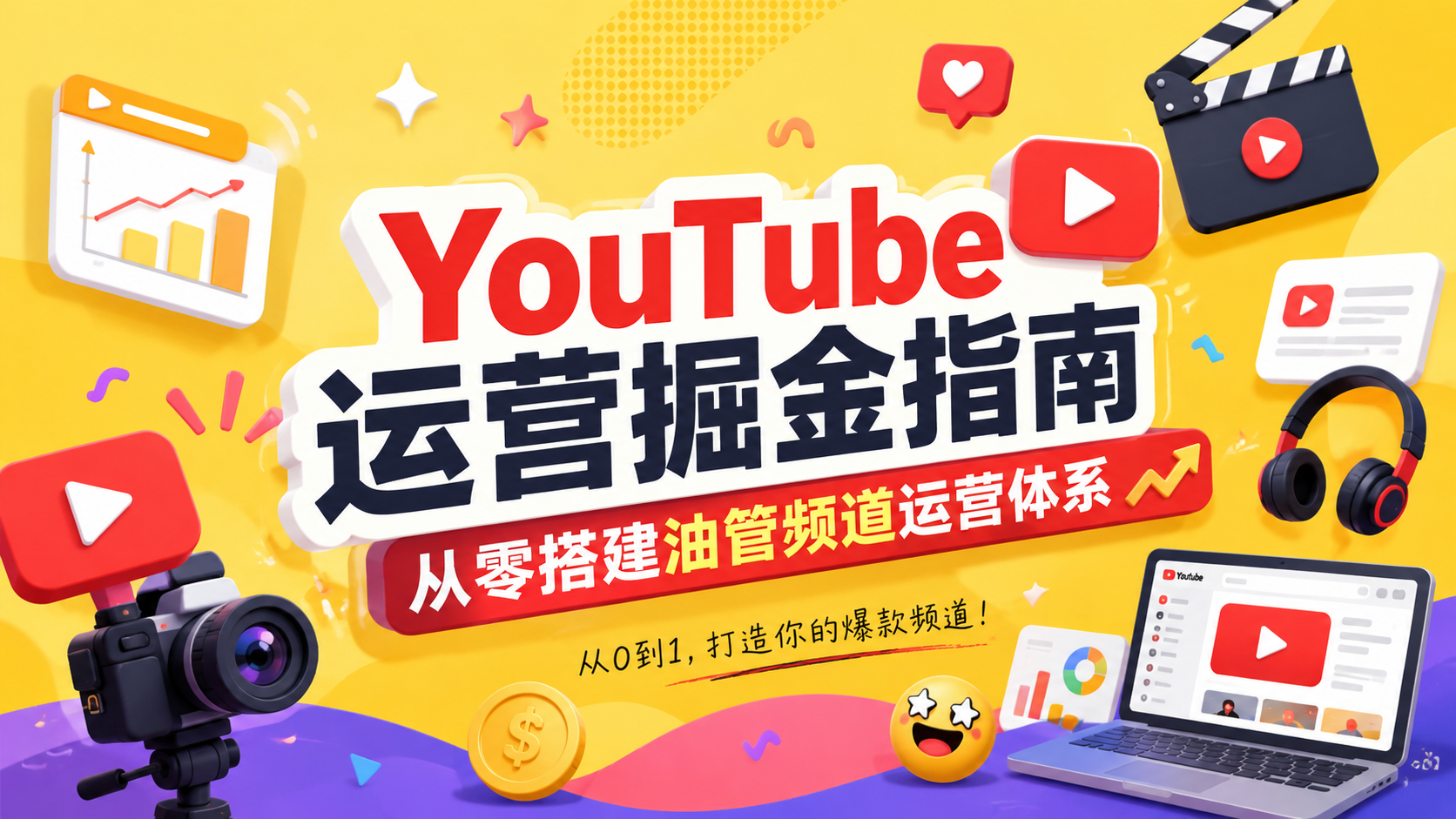 YouTube运营掘金指南课程封面，从零搭建油管频道运营与变现体系