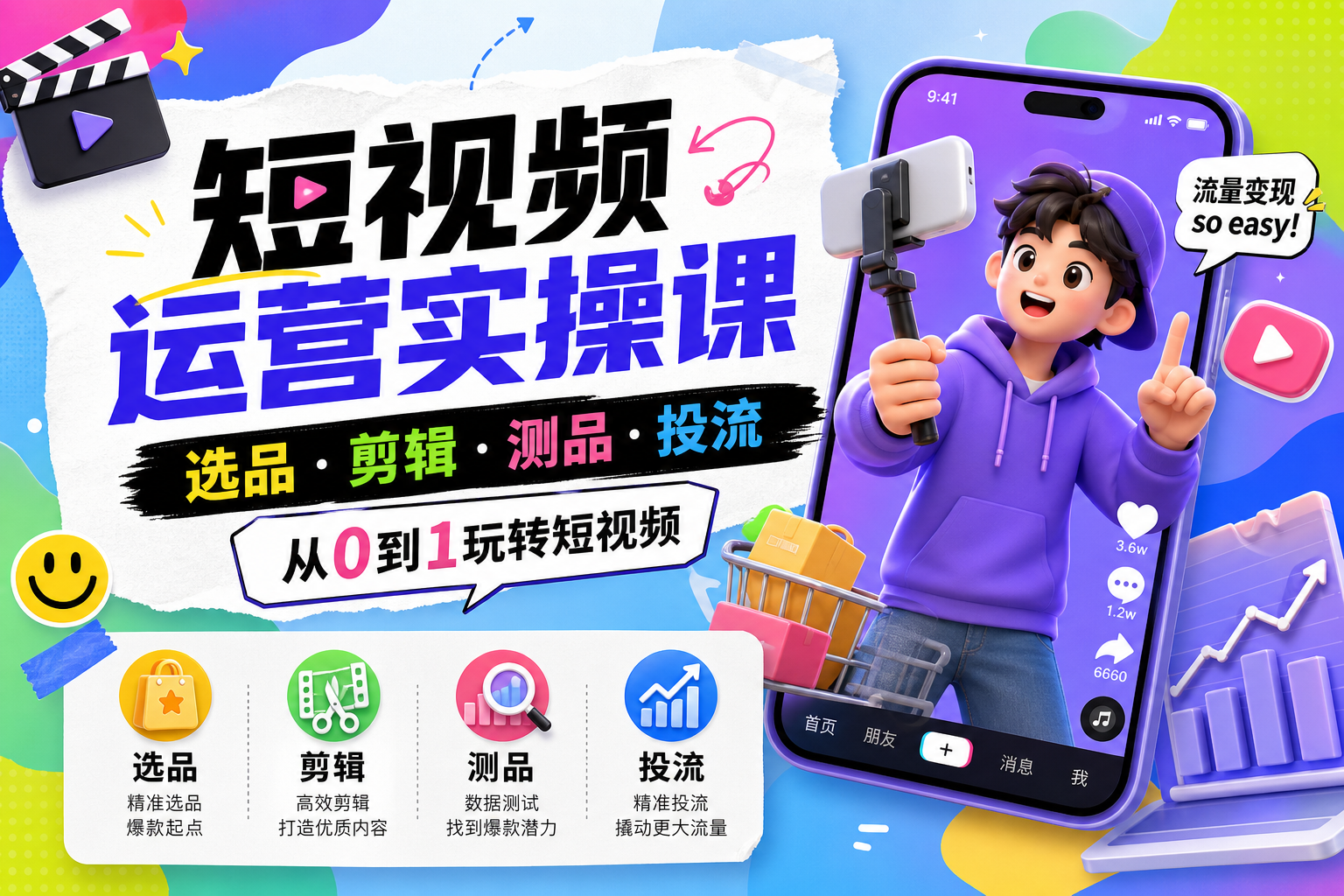 短视频运营实操课封面，涵盖选品、剪辑、测品与投流的从0到1实战