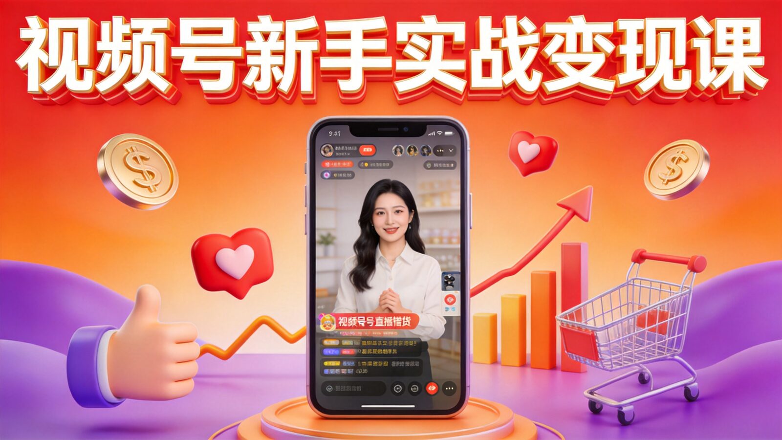 WeChat Video Account Monetization Course for Beginners Cover 视频号新手实战变现课封面,手机直播带货界面与金币购物车上升曲线元素