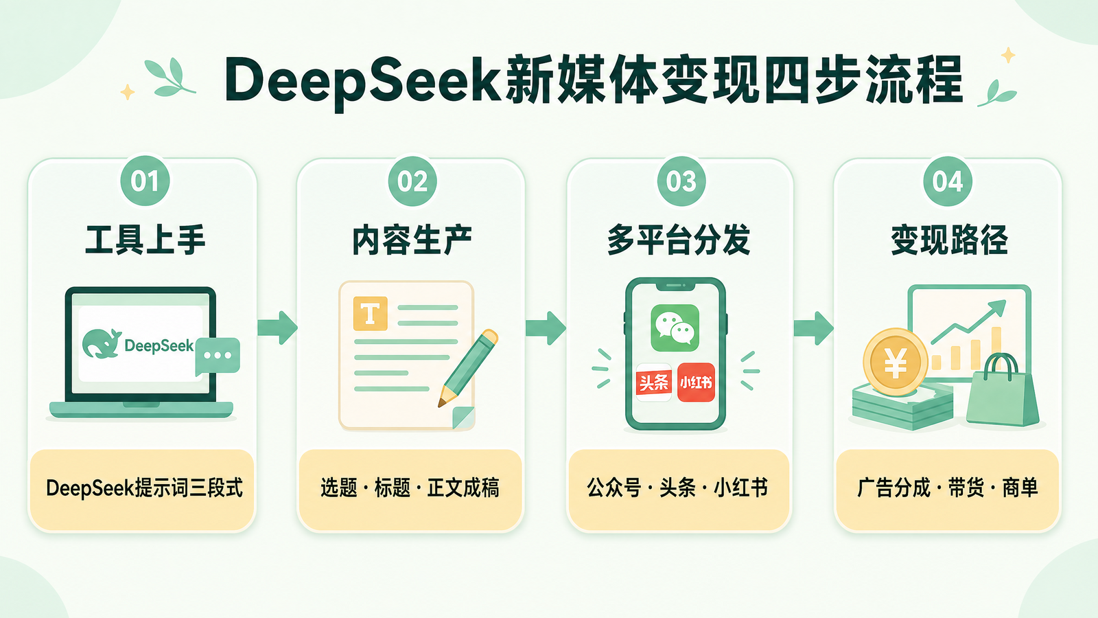 DeepSeek新媒体变现四步流程信息图